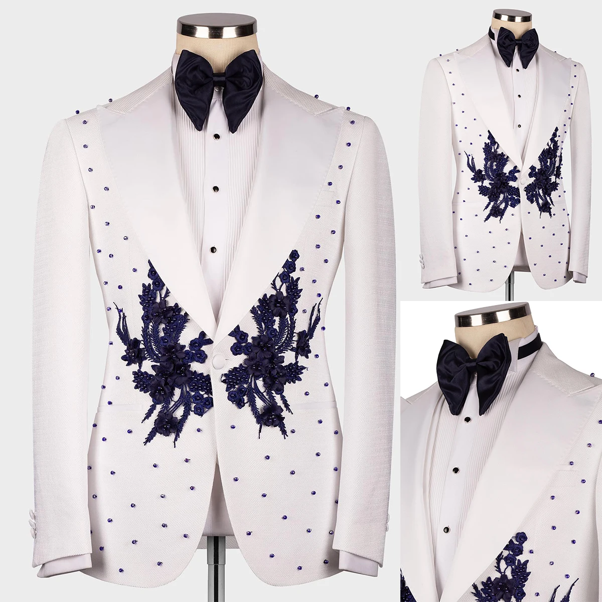 

Luxury Men's Suits Tailored One Piece Blazer One Button Peaked Lapel Beads Appliques Wedding Formal Host Custom Made Plus Size