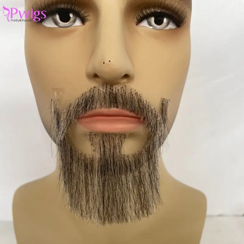 Pwigs Face Fake Beard Human Hair Beard Mustache For Men Swiss Lace Real Handmade Light Beard For Man Invisible Gray  Beard