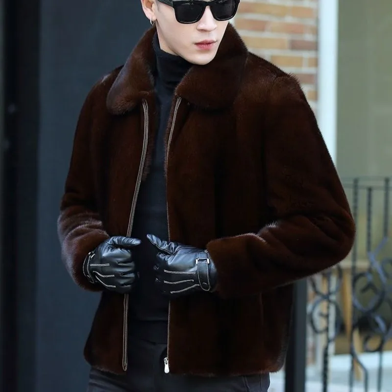 2024 Autumn Winter Jackets New Mink Zipper Solid Color Men's Casual Fashion Imitation Fur with Hat Flip Collar Coat C24