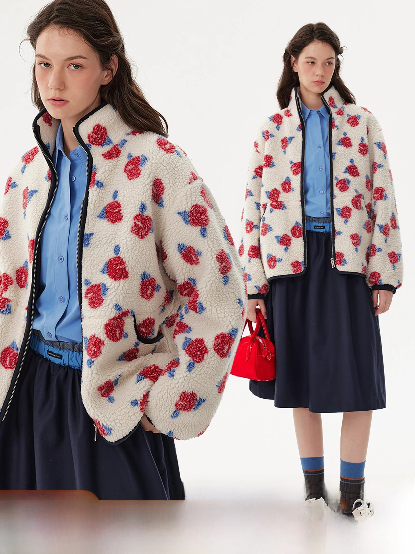 

plus Size Rose Embroidered Lamb Fur ort Coat Thiened Fce Stand Collar Women's Cotton Jaet Zipper Closure Long Sve