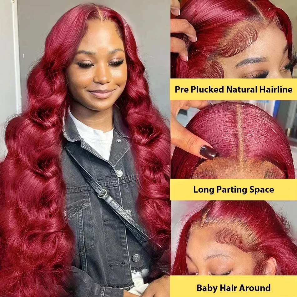 200% الكثافة 16-32 بوصة 99J خصلات الشعر المستعار الإنسان الملون الجسم موجة بورجوندي 13x4 HD الدانتيل الشفاف الباروكات الأمامية للنساء للبيع