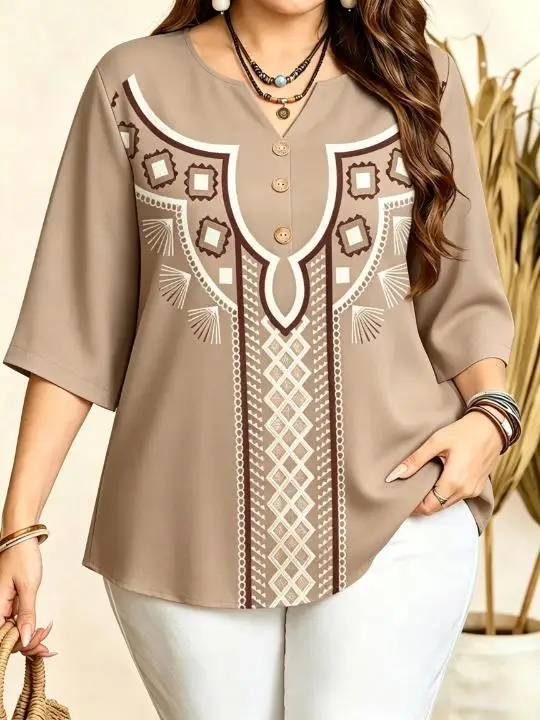 Women Boho Ethnic Geometric Print Blouse Notched Neck 3/4 Sleeve Loose Casual Ladies Tops Retro Tribal Pattern Shirts