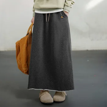 Maden Gonna casual in maglia con coulisse in vita elastica A-Line Vestibilità ampia con tasche Gonna lunga versatile in tinta unita per le donne autunnali