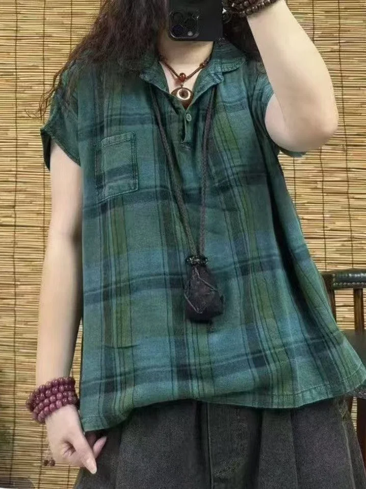 Retro Kontrastowa Krata Bawełna Len Koszula Damska Letnia Casual Luźna Dopasowana Cienka Bawełniana Koszula z Kołnierzykiem