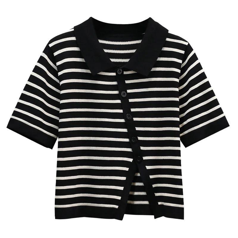 plus Size Striped Knitted Short Sleeve T-Shirt Women Summer Fashion Asymmetrical Shirt Top for Pear Shaped Body 3