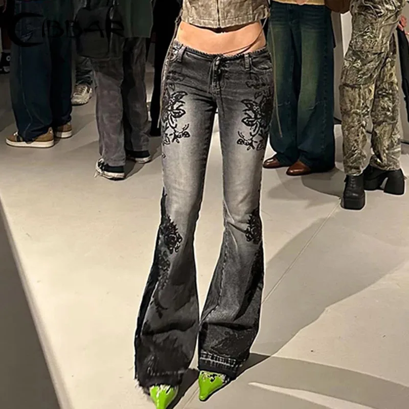Streetwear y2k Flare Jeans Distressed 2000s Floral Print Low Rise Slim Denim Pants Korean Women Trousers Retro Mom Jeans