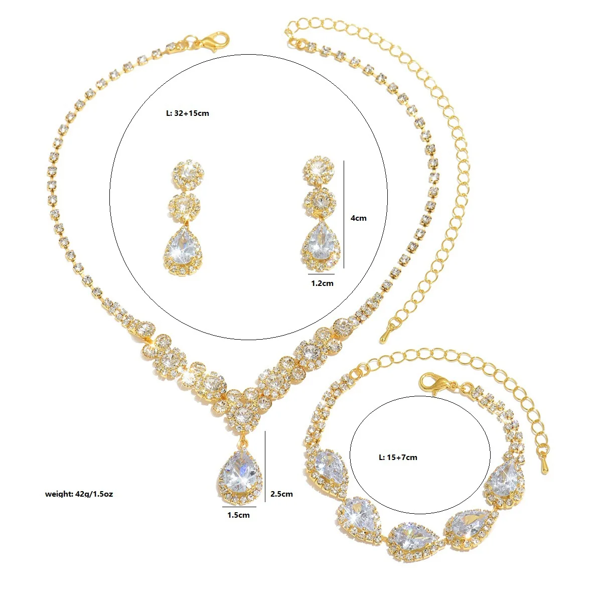 Elegant Vintage Jewelry Set for Women Fashion Water Drop Necklace Golden Choker Bridal Wedding Bracelet Party Gift