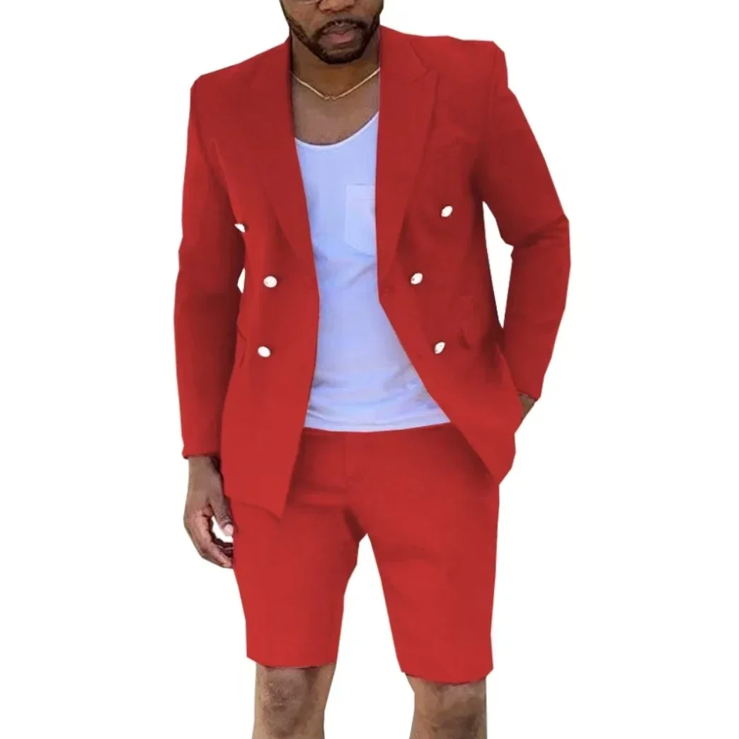 طقم بدلة رجالي بقصة ضيقة مكون من قطعتين مزدوجة الصدر مع سترة قصيرة وسراويل عالية الجودة بدلات صيفية قصيرة غير رسمية للرجال