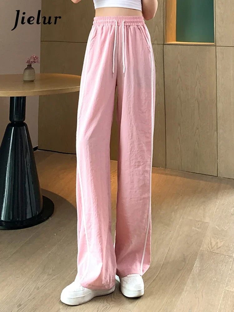 

Jielur Loose Pink Straight Drawstring Women's Wide Leg Pants Spell Color High Waist Casual New Summer Simple Chic Female Pants