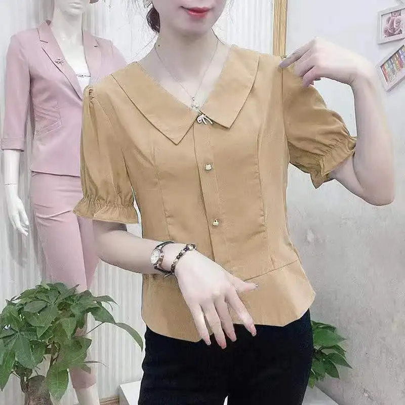 Women\'s Korean Fashion Elegant Chiffon Blouse Summer Casual Solid Slim Button Shirt Chic Irregular Tops Blusas Para Mujer 2024