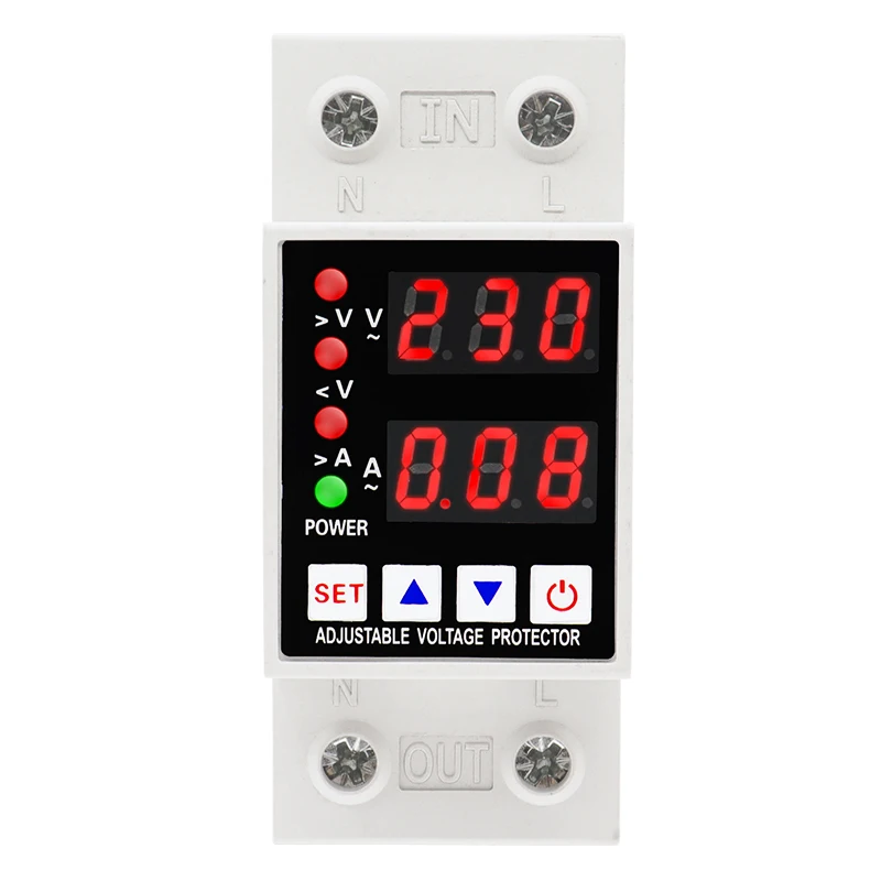 40A 63A 230V Din Rail Adjustable Digital Over Under Voltage Relay Surge Protector Limit Over Current Protection