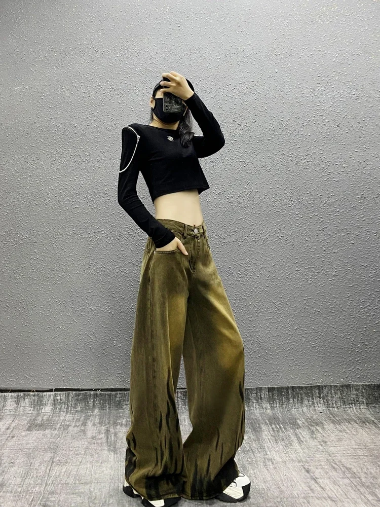 Tie dyed washed casual jeans women's autumn new high waist loose and thin versatile straight tube wide leg mopping pants