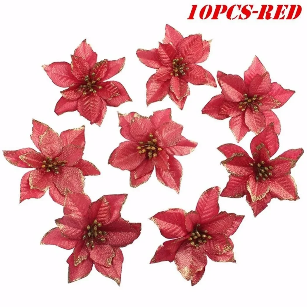 

10 Pcs Simulation Christmas Flowers 3 Layer Christmas Tree Wreath Decoration Pendant For Home Garden Decor Gold Silver Red