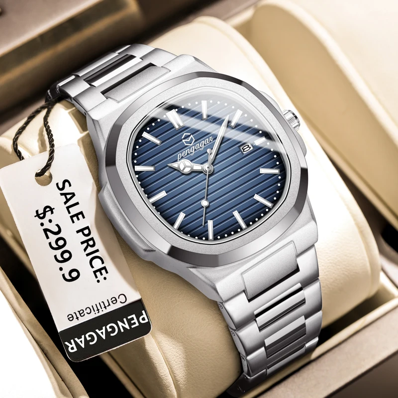 PENGAGAR Luxury Military Man Watch Square Waterproof Luminous Date Week Men Watch Stainless Steel Quartz Men's Watches Reloj+box