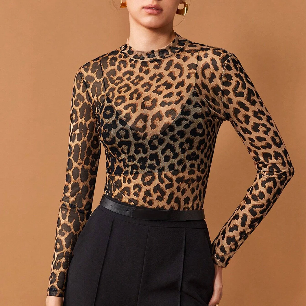 

AzaleeKa Women's T-Shirts Autumn Daily Basic Leopard Mesh Long Sleeve Crew Neck Fashion High Street T-Shirts