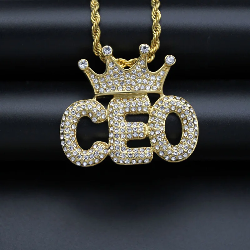 

Hip Hop Bling Iced Out Stainless Steel Crown CEO Pendants Necklaces for Men Rapper Jewelry Gift Gold Silver Color