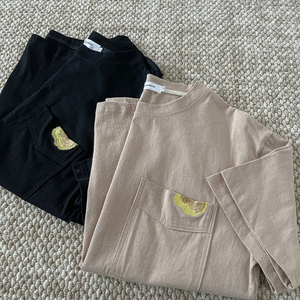 

Summer Casual Embroidery T-Shirts for Ladies Women Simple O-Neck Drop Sleeve Loose Tops All-Matched Oversized Tees Streetwear