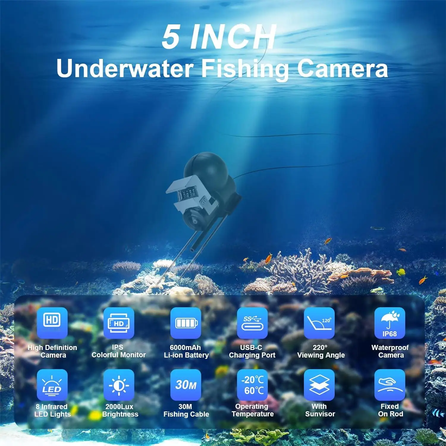Cámaras de vídeo para pesca submarina, buscador de peces, Monitor LCD HD de 5 pulgadas, 8 Uds., luces infrarrojas, cámara de pesca de visión nocturna, pesca en Kayak