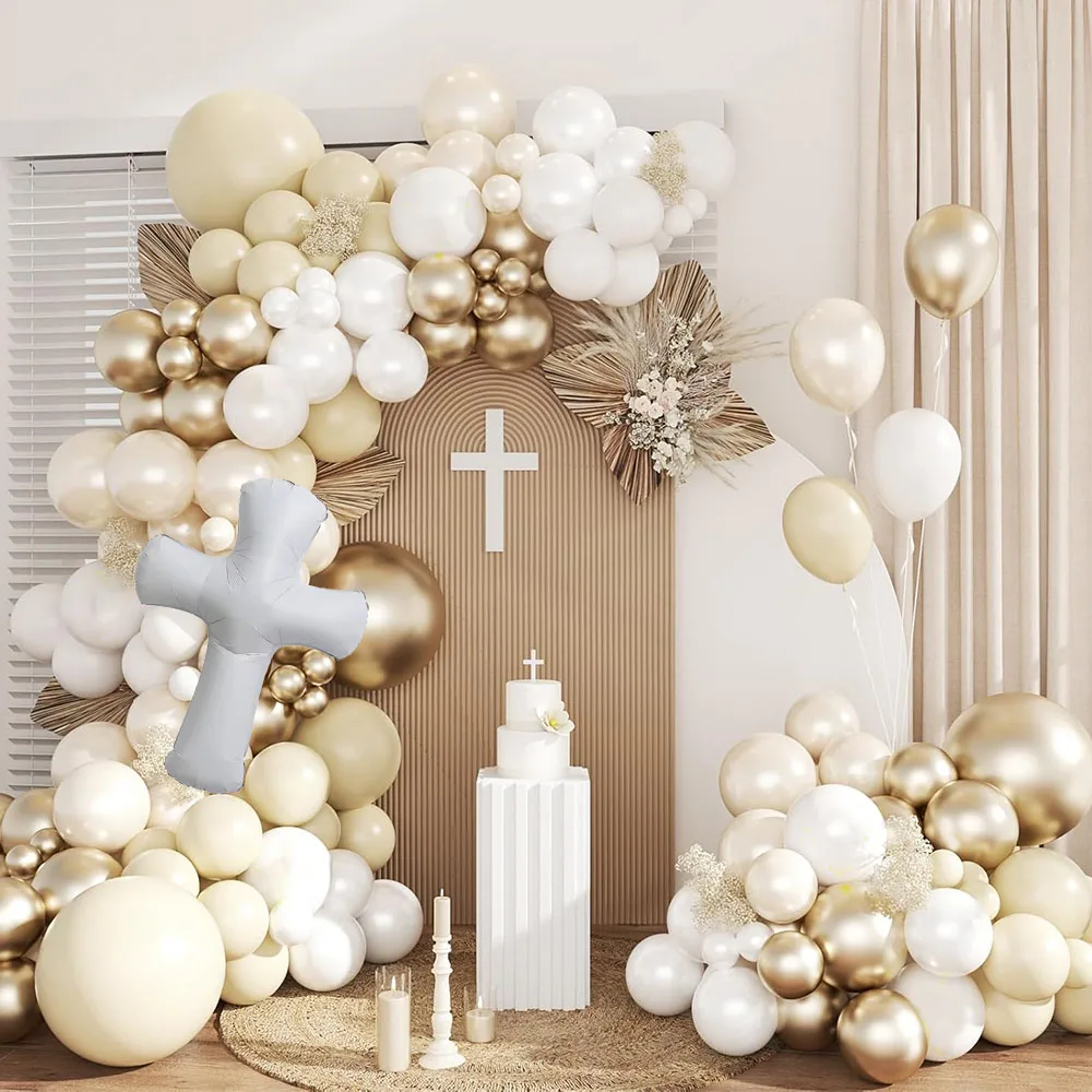 

112pcs White Sand Gold Nude Balloons Garland Arch Kit, First Holy Communion God Bless Christening Party Birthday Decorations