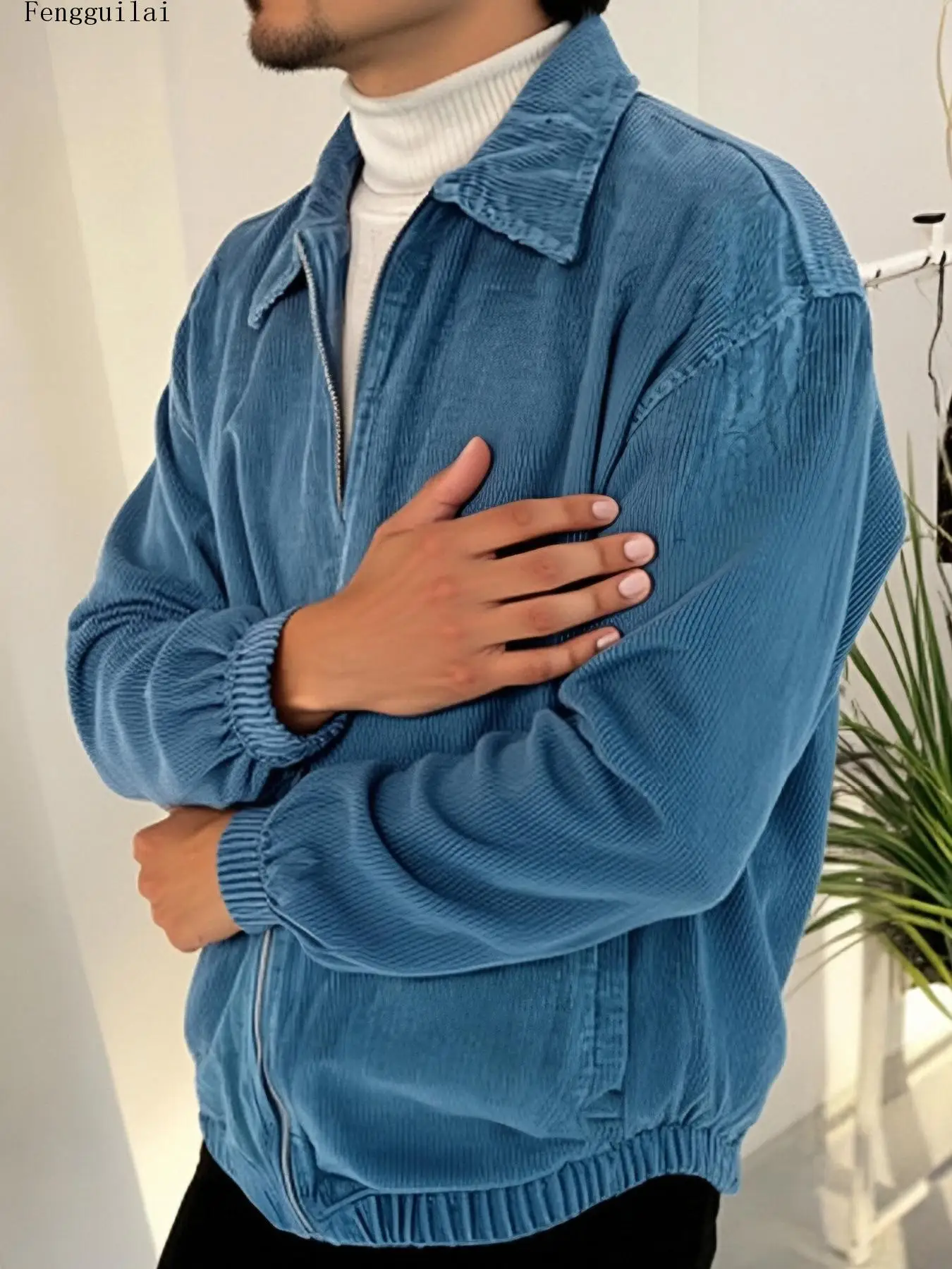 Men Retro Corduroy Harrington Jacket Lapel Collar Zipper Up Elastic Hem Cuffs Casual Loose Solid Outerwear