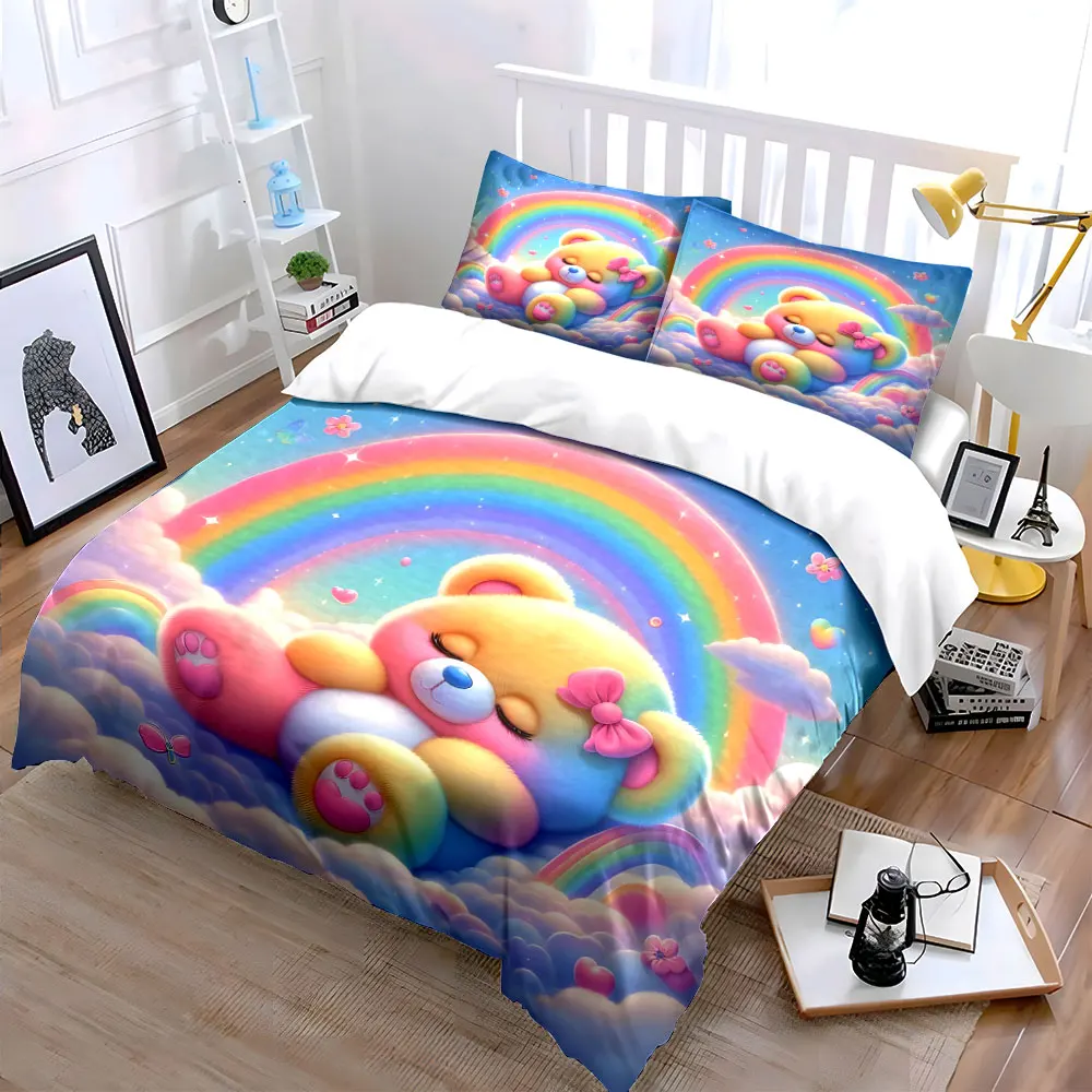 Rainbow teddy bear on dreamy clouds Duvet Cover Set with 3D Printing Design Soft Polyester Bedding Set All-Season Comfort