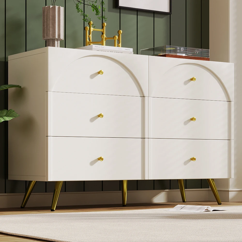 Aparador práctico color crema de KOMHTOM con 6 amplios cajones de almacenamiento, diseño moderno