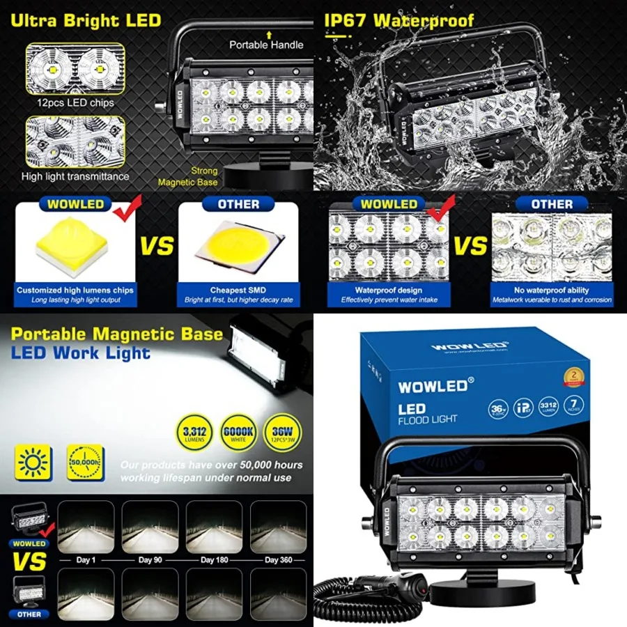 

36W LED Work Light Magnetic Base Mount Portable LED Light Flood for Car SUV Boat Bar Truck Driving Lamp Fog Lights