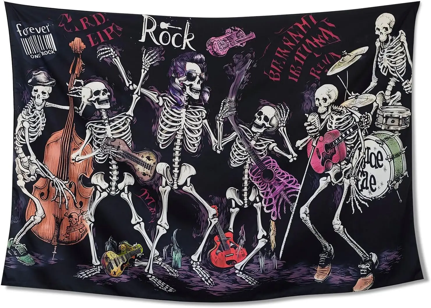 Vintage Rock Skeleton Tapestry, Colorful Design with Skeleton Band Playing Drums, Guitars and Bass for Grunge Room Decor