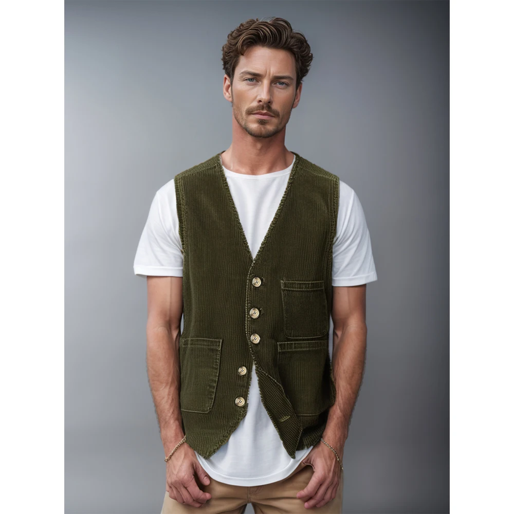 Men\'s new spring and autumn corduroy vest with pocket splicing design multi-color optional single-breasted V-neck men\'s vest