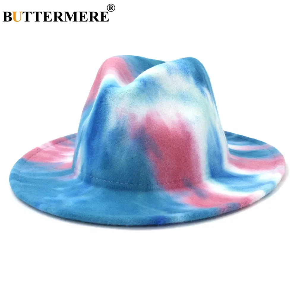 

BUTTERMERE New Blue Fedora Hats Women Men Cotton Wide Brim Tie Dye Autumn Winter Colorful Hats Vintage Multicolor Felted Hat