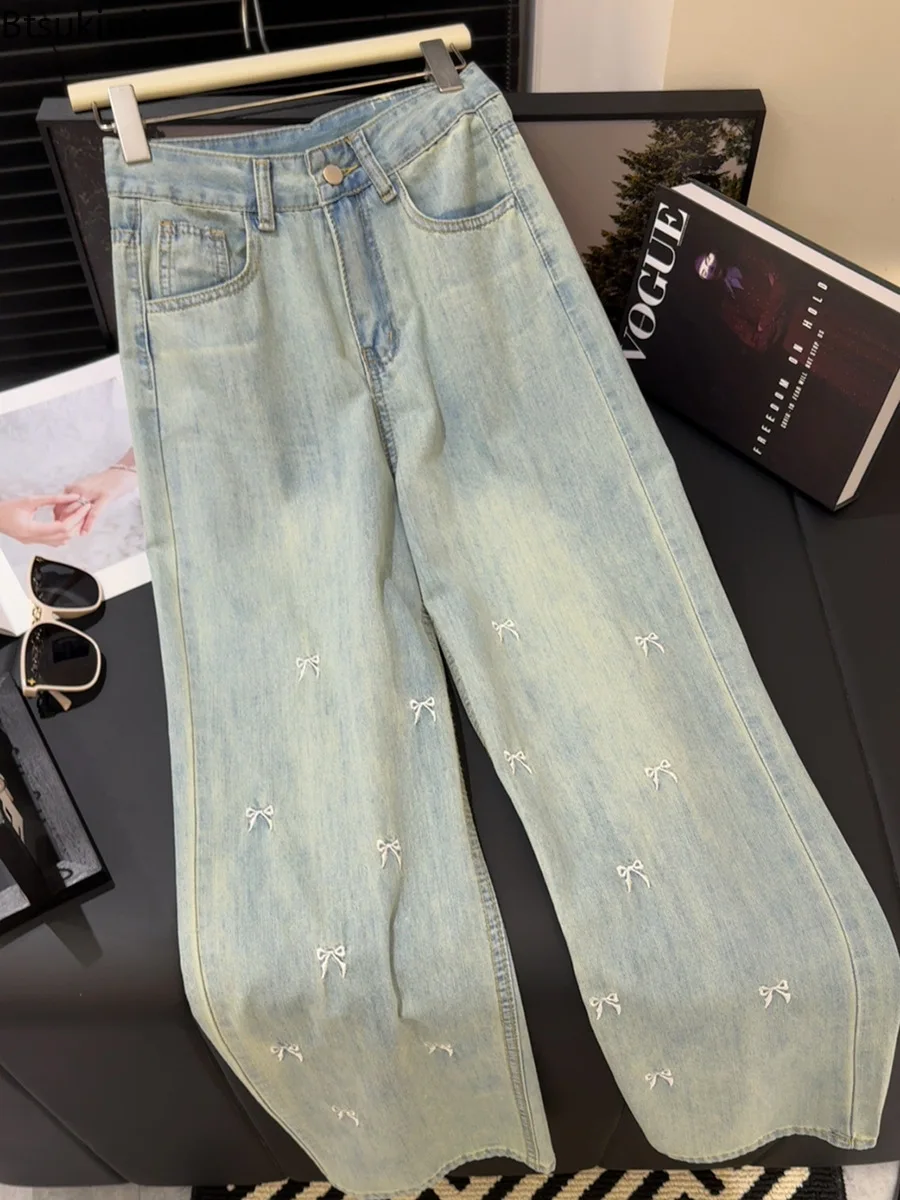 2024 New Women\'s High Waist Jeans Fashion Bow Design Casual Loose Wide Leg Pants Summer Chic Versatile Denim Trousers for Women