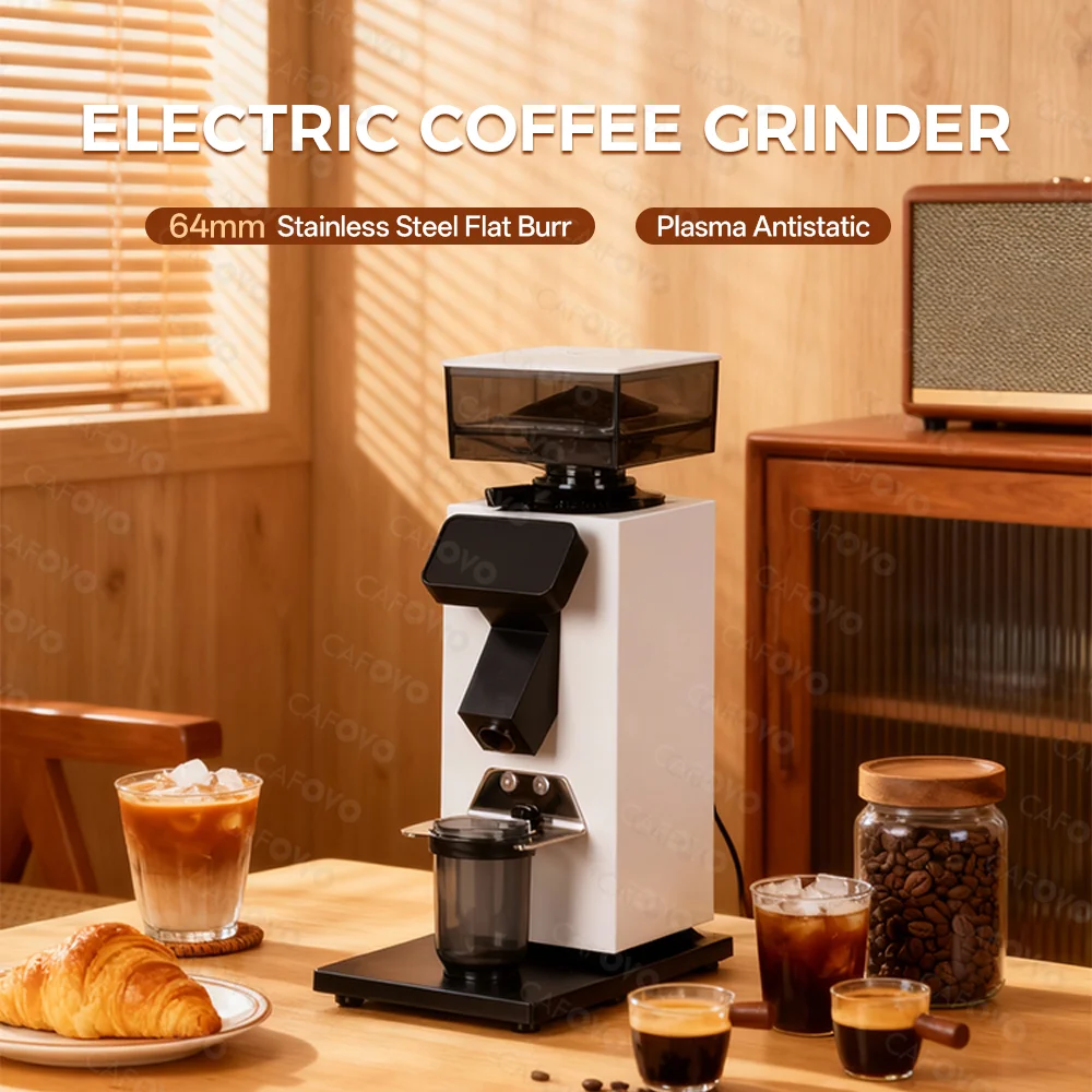 

CAFOVO G964F Time-Based Dosing Grinder 64mm Flat Burr Coffee Grinder Plasma Anti-static Suitable for Espresso Drippers Mill