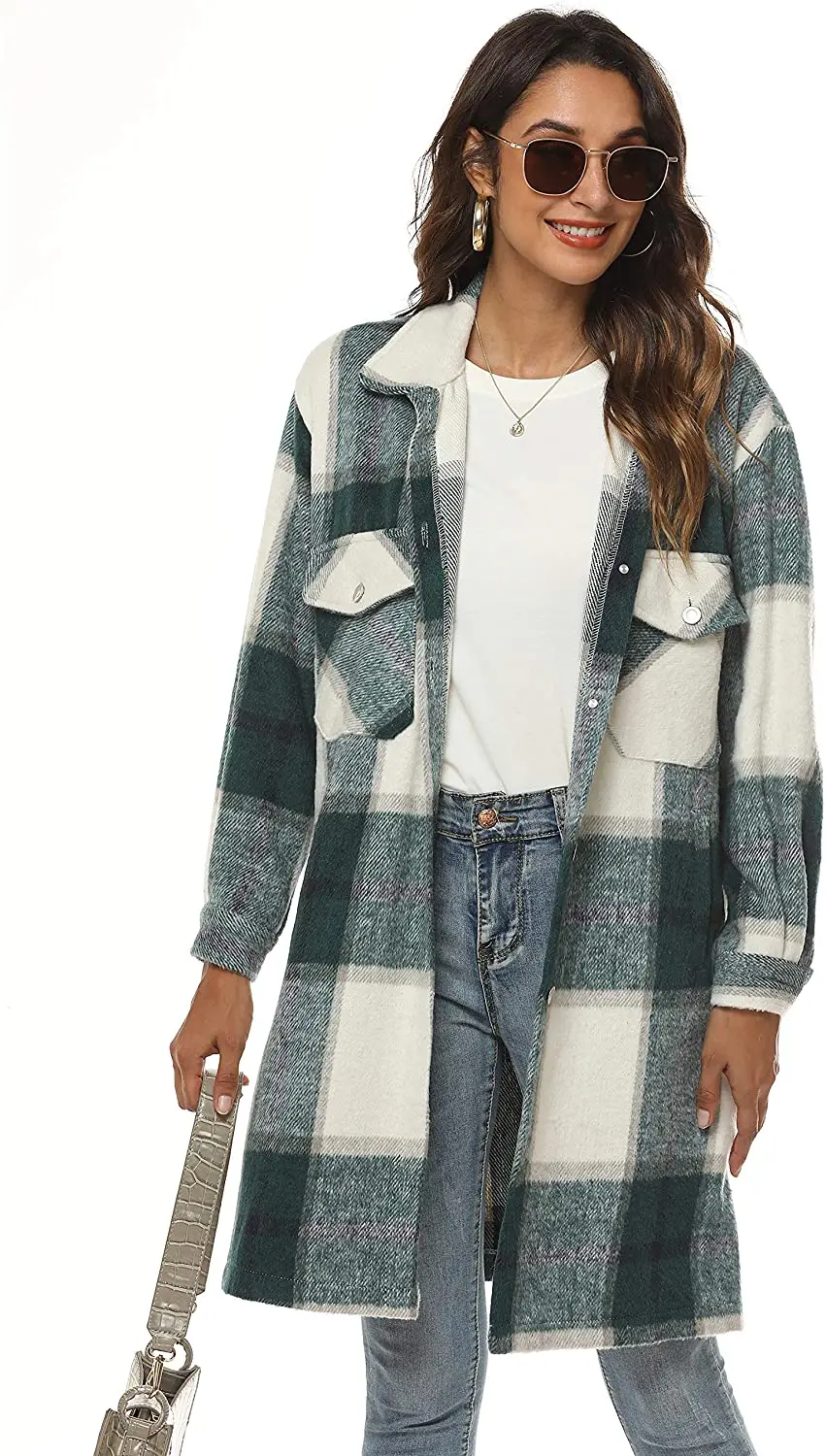 Women's Casual Plaid Wool Blend Shacket Button Shirt Long Jacket Coat