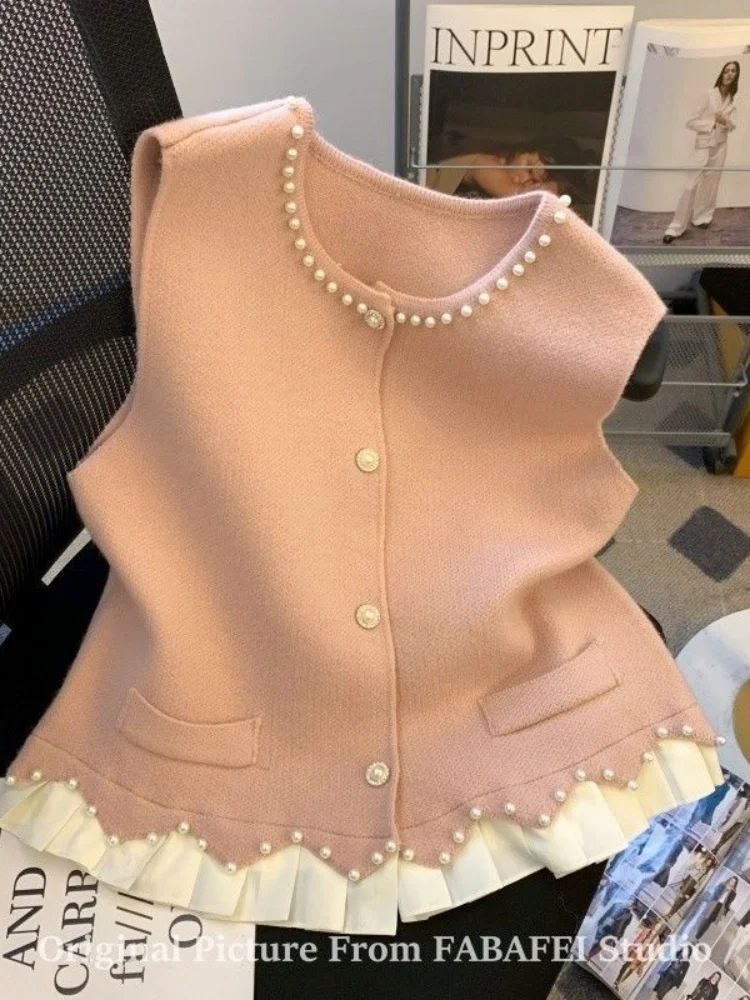 

Pink White Splicing Pleated Hem Sweet Pearl Bead Cardigan Vest Temperament Women Elegant Sweater Jackets Outerwear Spring Winter