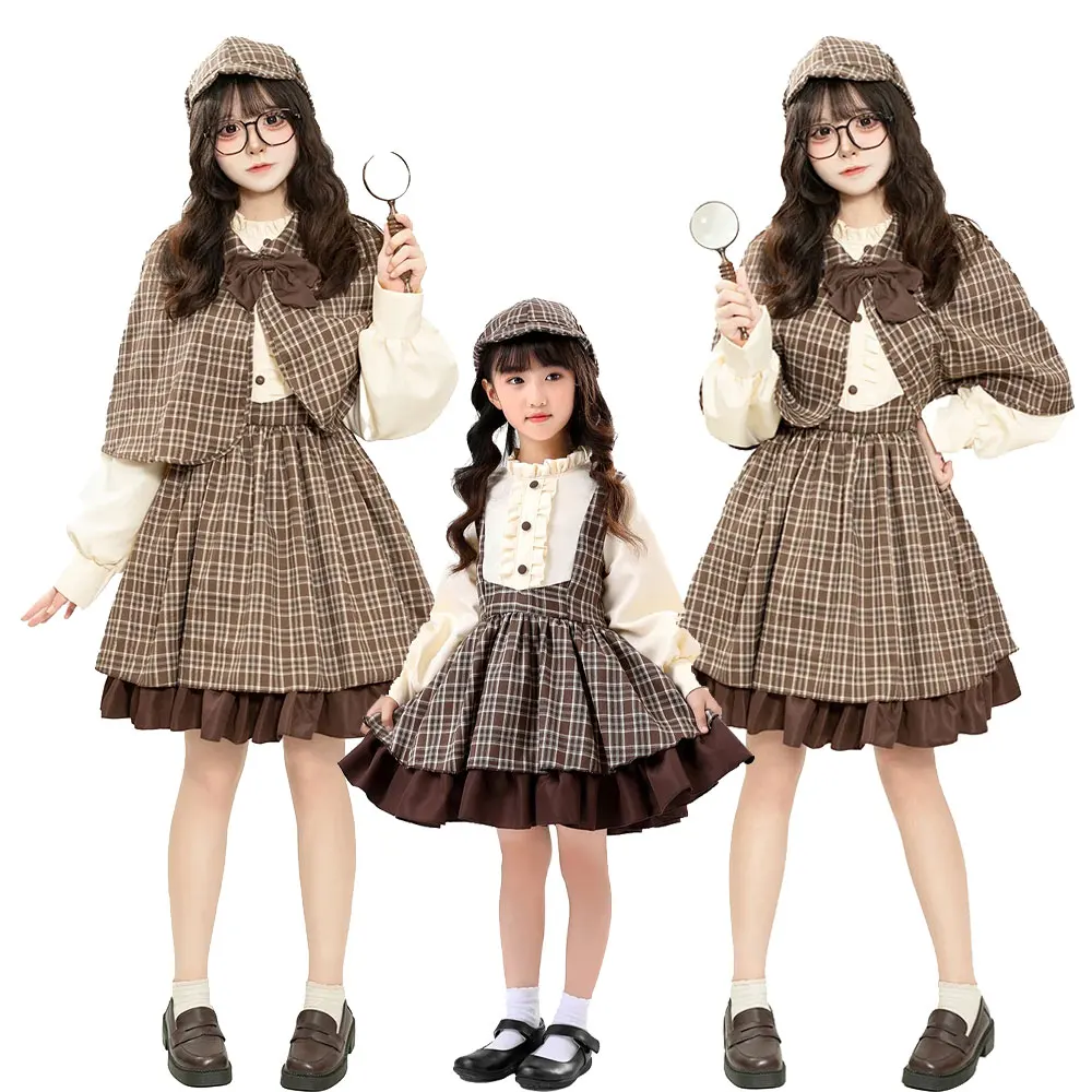 

Halloween Purim Carnival Adult & Kid Girl Detective Costume Lolita British Style Book Week Play Suit Cosplay Fancy Party Dress