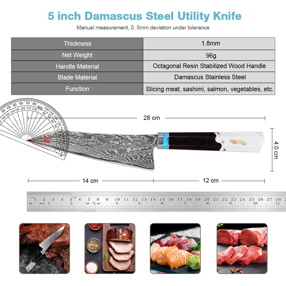 Premium Damascus Steel 5 inch Utility Knife Japan VG-10 Steel Restaurant Home Kitchen Utility Paring Knife Ergonomic Handle