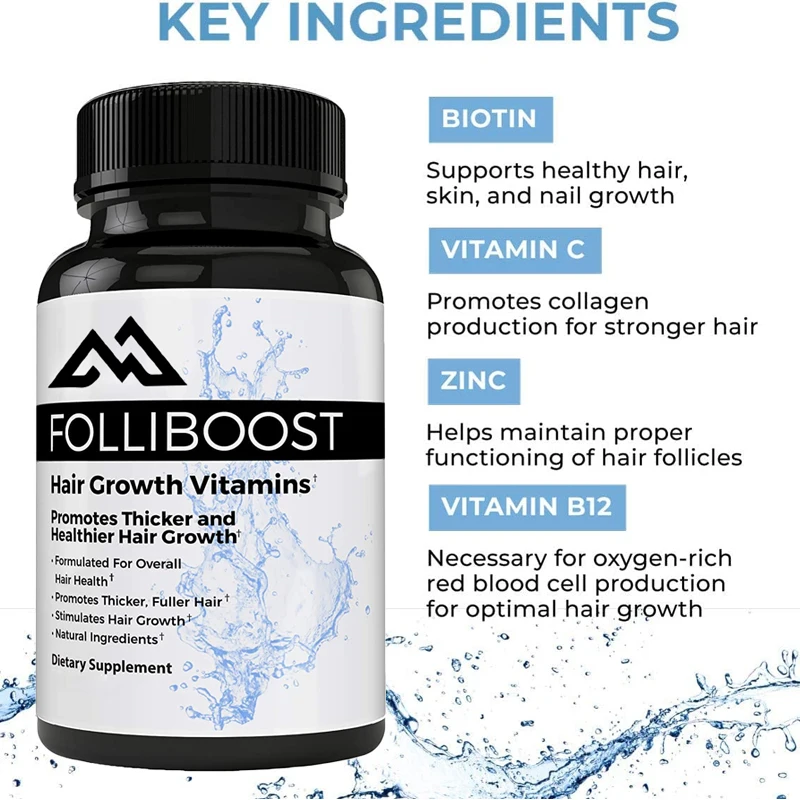 Vitaminas para el crecimiento del cabello - Contiene biotina, vitamina C, zinc y vitamina B12 - Ayuda a promover el espesamiento - Fórmula natural para el cuidado del cabello