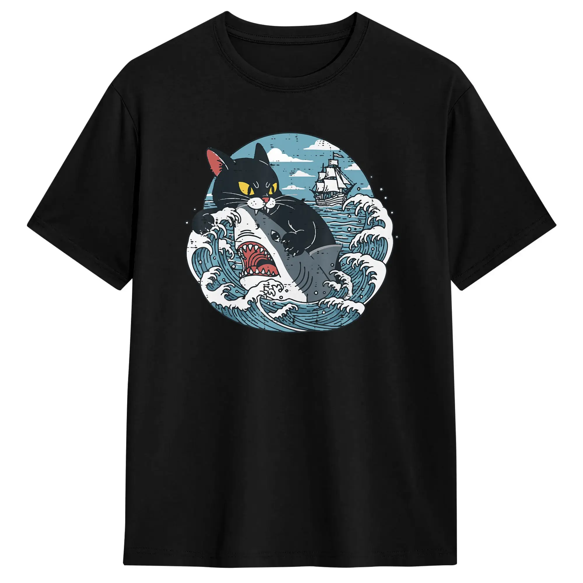 Black Cat Biting Shark Wave Funny Japanese T-Shirt Men  Fashion 100% Cotton Tee Shirt O Neck Short Sleeve T Shirts Gift Idea