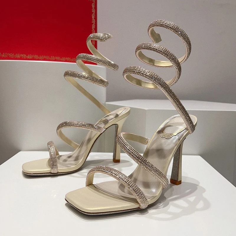 Thin High Heels Gladiator Sandals Women's Shiny Rhinestone Ankle Snake Shaped Winding Sandalias Summer Fashion Party Dress Shoes