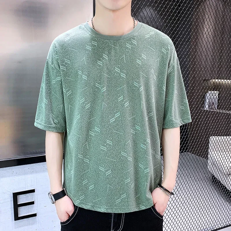 Five-point Men's Ice Silk Jacquard Ice-feel T-shirt Breathable Loose Mid-sleeve Korean Round Neck Short-sleeved Clothing Trend