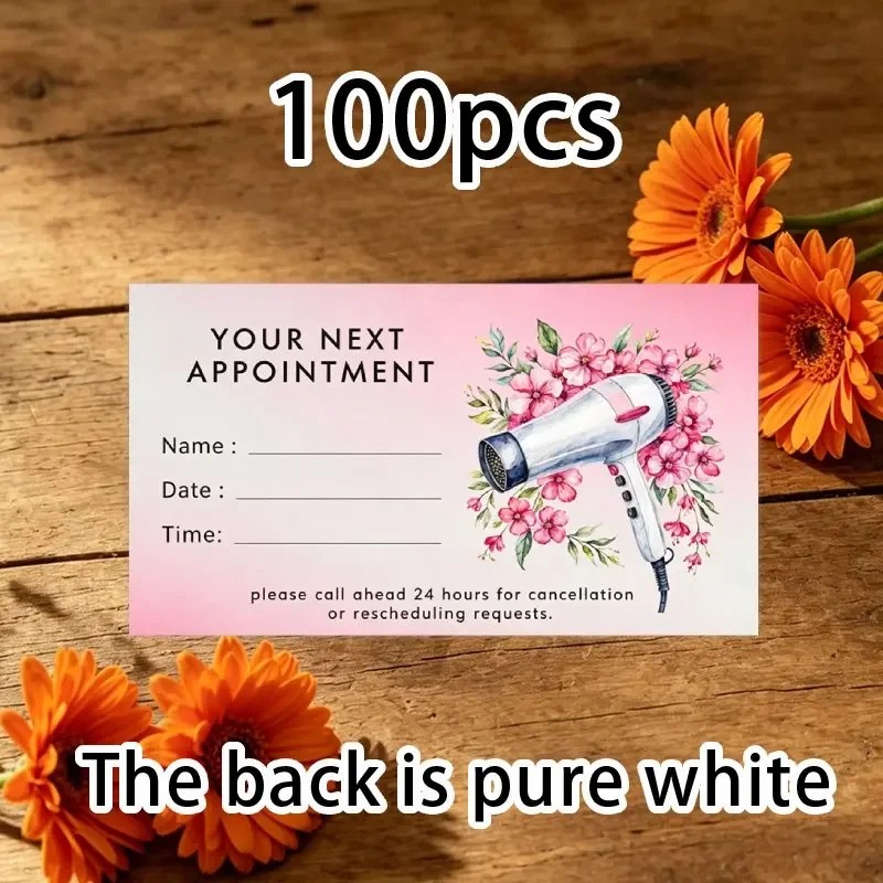 100pcs paper hair salon appointment thank-you card with hair dryer and floral design, suitable for commercial event cards