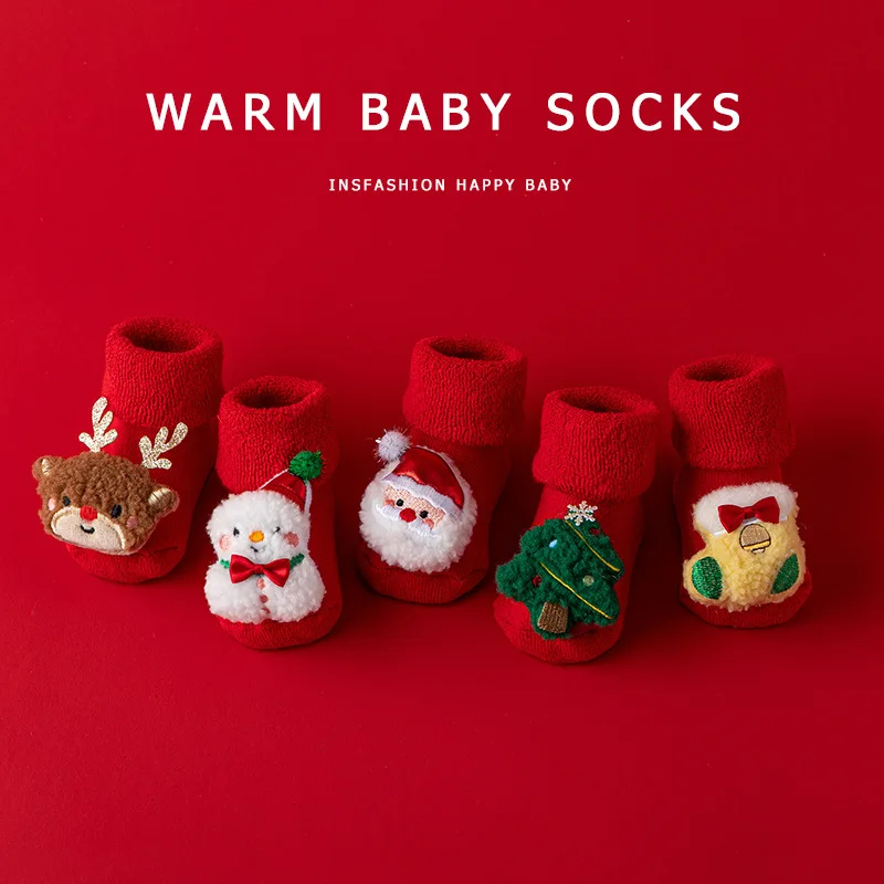 Children\'s Christmas Socks Cartoon Kawai New Born Baby Autumn Winter Padded Warm Red New Year Non-slip Toddler Floor Soft Sock