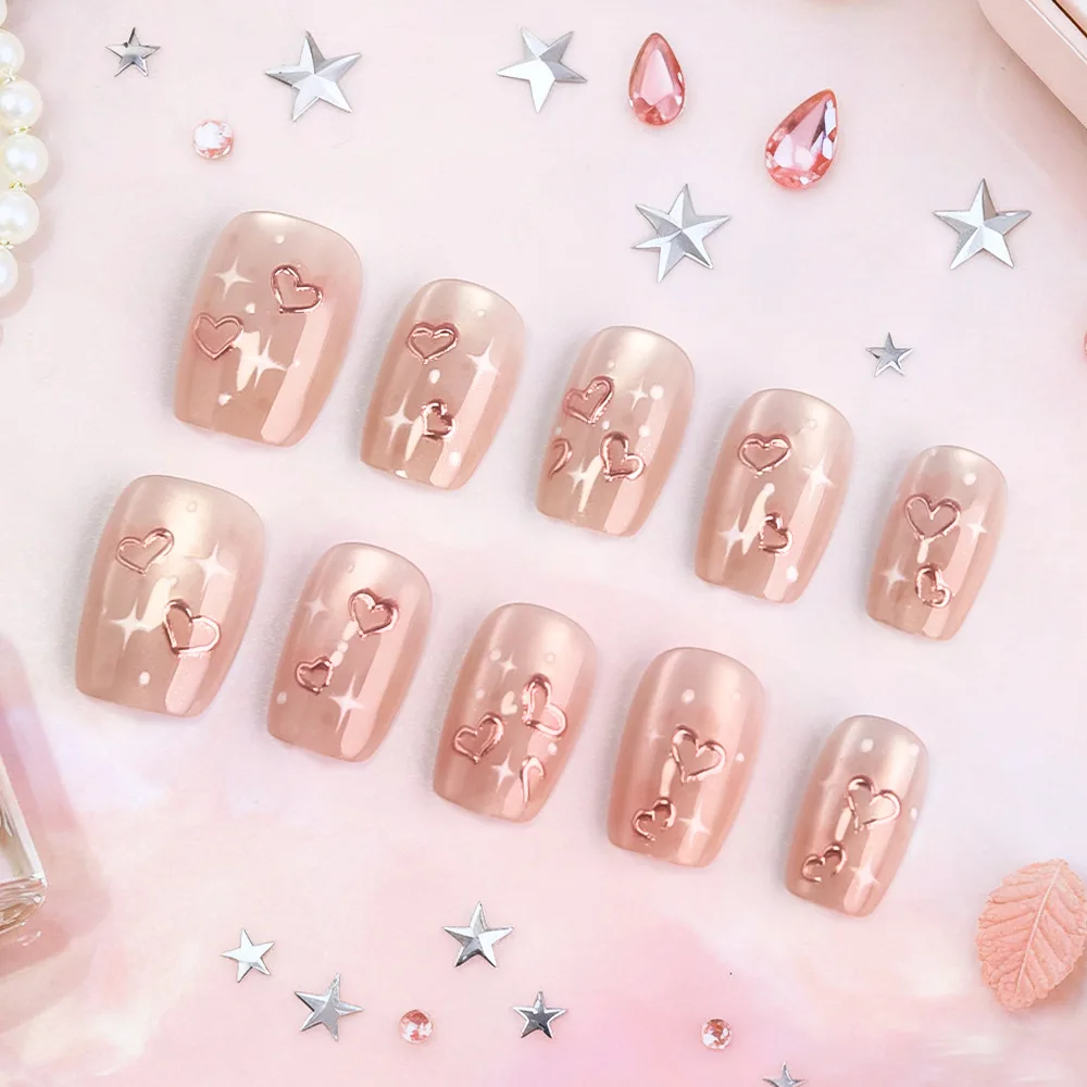 24枚入り ショートスクエアヘッド つけ爪 キャッツアイ 3Dフラワー フェイクネイル シャイニーパウダー 再利用可能 完成品 フルカバー 付け爪チップ