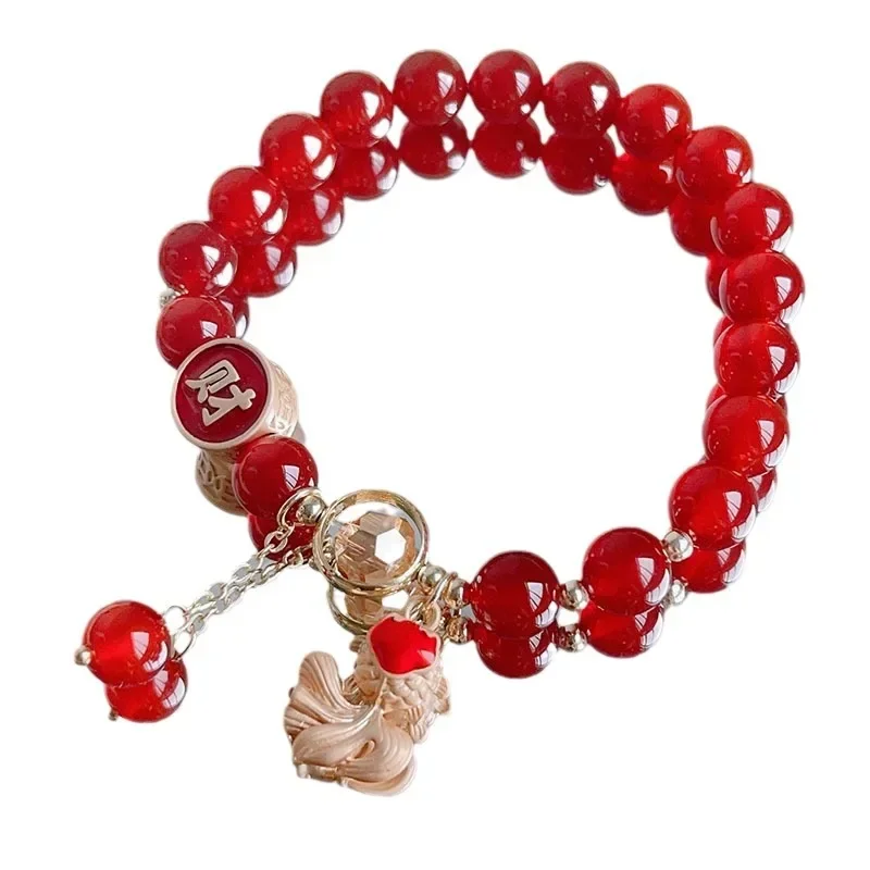 2024 Dragon Year Red Agate Beaded Strand Bracelets for Women Girls Lucky Cat Fish Fortune Bag Charm Jewelry Wholesale