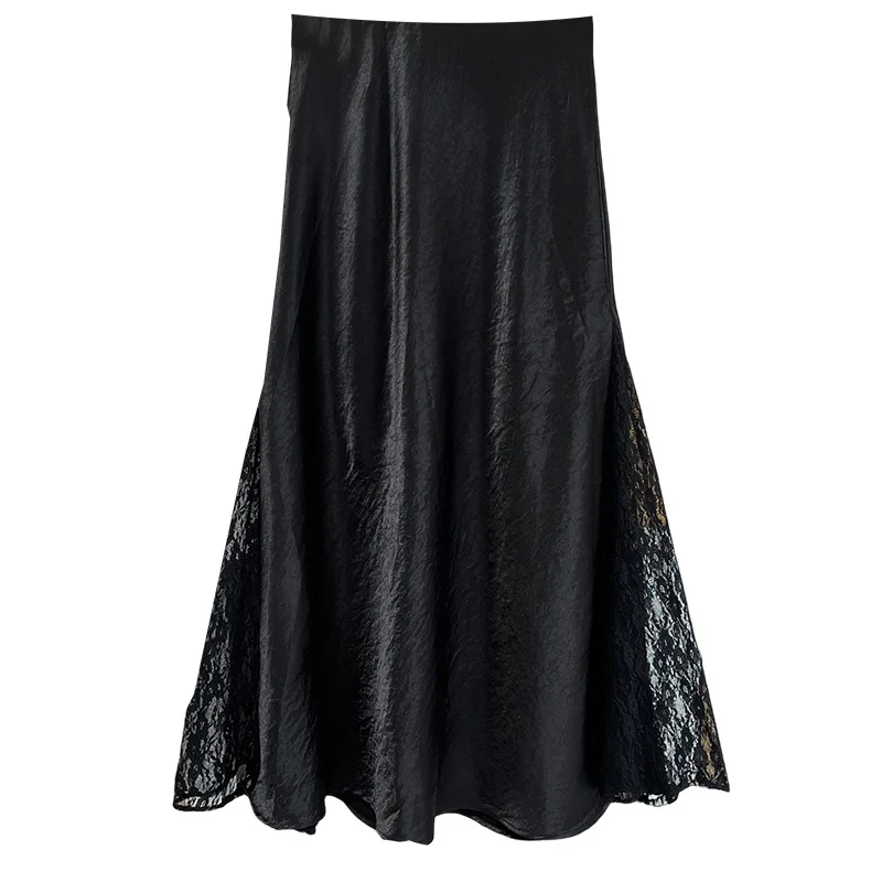

100KG Summer New Plus Size Women's Long Skirts Fashionable And Elegant High Waisted Lace Patchwork Acetate Satin Skirt F445