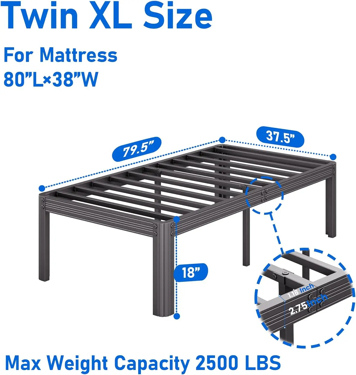 Twin Xl Bed Frames, 18 Inch High Bedframe No Box Spring Needed, Heavy Duty Steel Slats Platform Mattress Base, 4500Lbs Weight