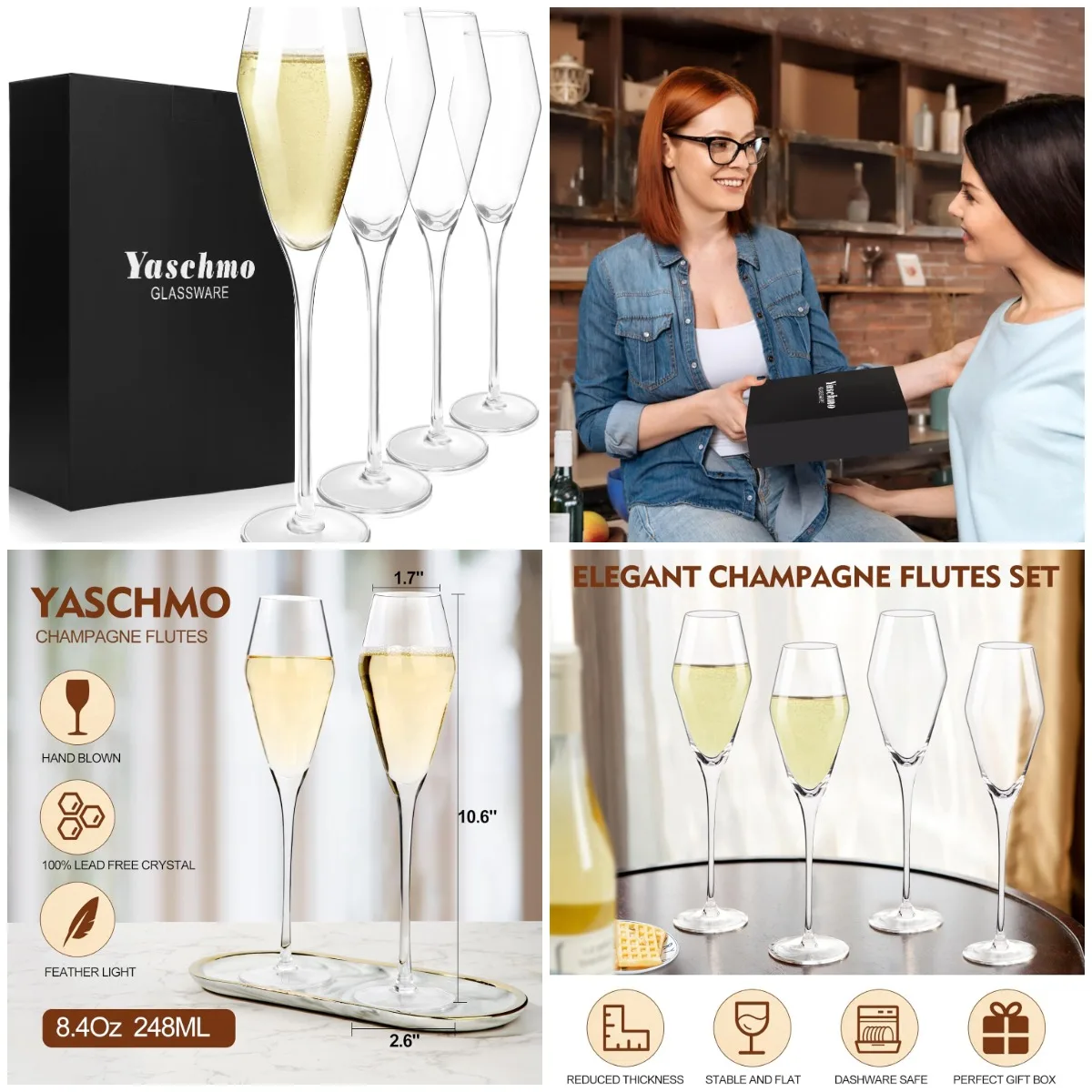 

Champagne Flutes Set of 4, 8.4 oz Hand-Blown Crystal Tulip Glasses - Elegant Wedding & Anniversary Gift