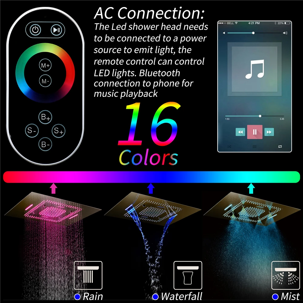 Beyoon Ceiling Embedded Rain&Waterfall Mist Shower 32*24 Inch Music LED Shower Head Button Control Thermostatic Shower Faucet