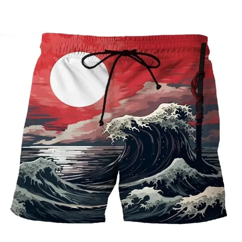 Sunrise Ocean Wave Ink Painting pantaloni corti in stile giapponese pantaloncini Hawaii con stampa 3D da uomo 2024 Gym Trunks Cool Kids Ice Shorts 4XL