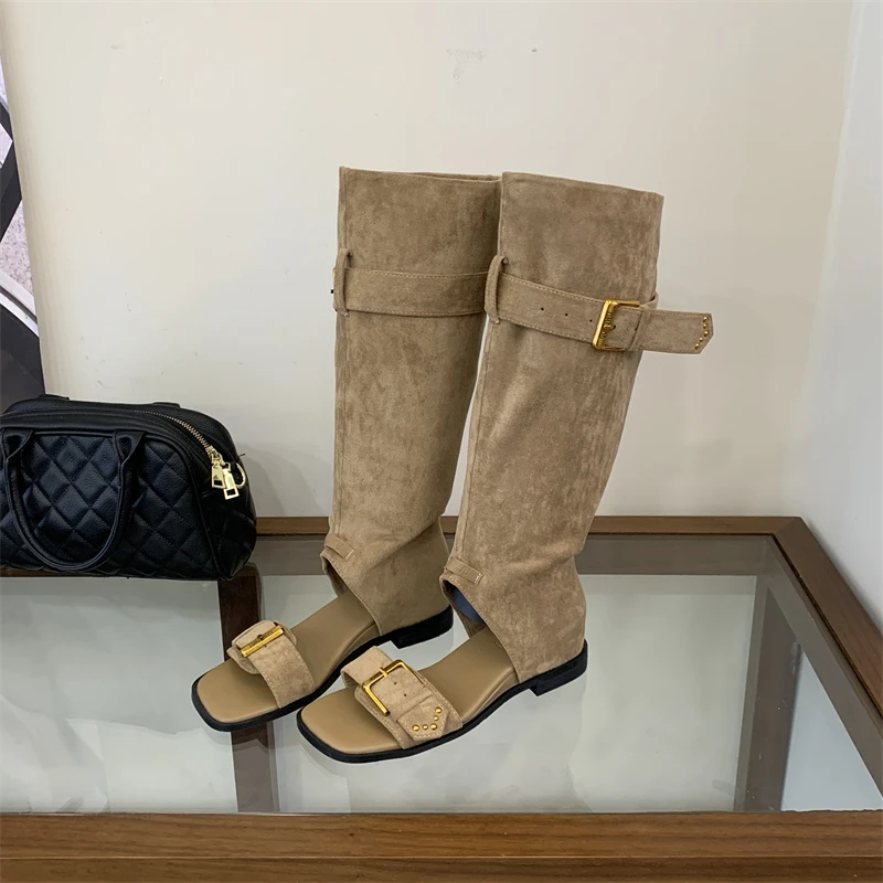 

Eilyken Punk Design Style Buckle Strap Knee-High Boots Sandals Women Low Heels Square Toe Shoes Fashion Long Booties